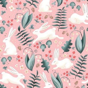 cute bunnies on baby pink | rabbits in the forest, woodland collection | nursery decor, kids apparel