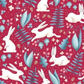 white rabbits on viva magenta| rabbits in the forest, woodland collection | nursery decor, kids apparel