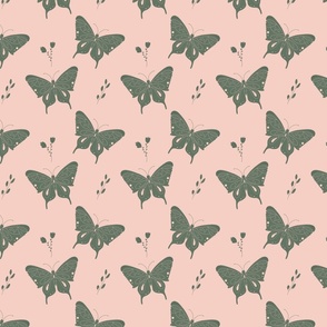 Green butterflies with flowers Pattern on pink