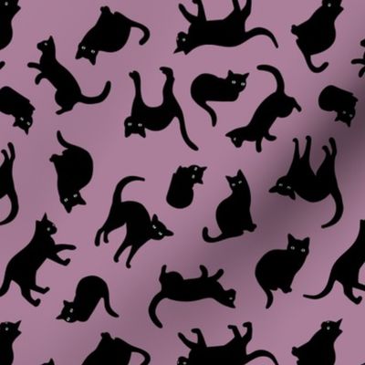 Halloween cats - black cat friends in different poses minimalist retro style pet design for kids on moody lilac tossed