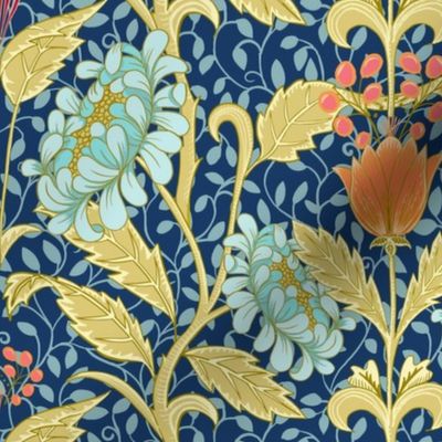 arts and crafts style floral_blue_gold medium scale