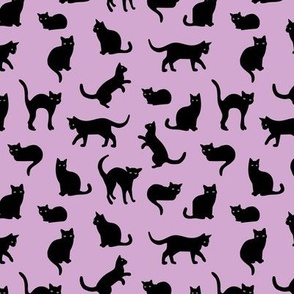 Halloween cats - black cat friends in different poses minimalist retro style pet design for kids on lilac purple