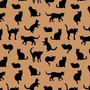 Halloween cats - black cat friends in different poses minimalist retro style pet design for kids on caramel moody ochre