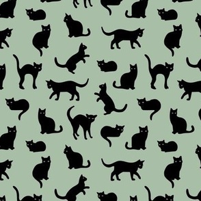 Halloween cats - black cat friends in different poses minimalist retro style pet design for kids on misty sage green