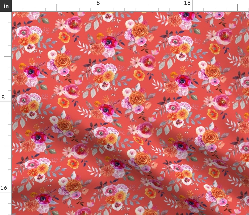 Summer Bliss Hot Pink and Orange Watercolor Floral // Cherry