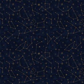 Interstellar design with Stars, Moon and star constellations - line gold drawing on a dark blue background