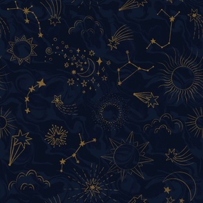 Interstellar design with Stars, Moon, Sun and star constellations - line gold drawing on a dark blue background