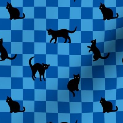 Nineties retro cats - cat silhouette on checker vintage pet design modernist pop art style blue