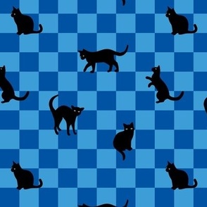 Nineties retro cats - cat silhouette on checker vintage pet design modernist pop art style blue