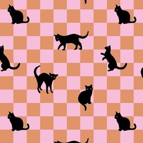 Nineties retro cats - cat silhouette on checker vintage pet design modernist pop art style pink orange halloween palette