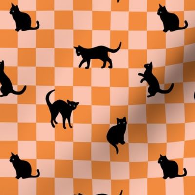 Nineties retro cats - cat silhouette on checker vintage pet design modernist pop art style halloween orange blush