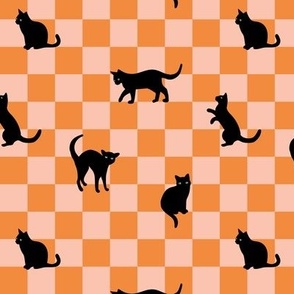 Nineties retro cats - cat silhouette on checker vintage pet design modernist pop art style halloween orange blush