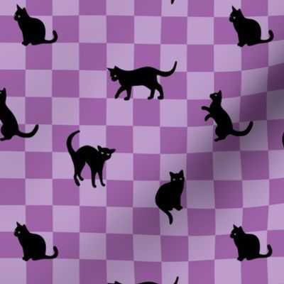 Nineties retro cats - cat silhouette on checker vintage pet design modernist pop art style lilac purple halloween palette