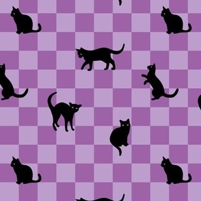 Nineties retro cats - cat silhouette on checker vintage pet design modernist pop art style lilac purple halloween palette