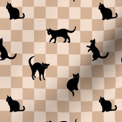 Nineties retro cats - cat silhouette on checker vintage pet design modernist pop art style beige tan