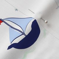 Sailboat blue navy green stars waves hobie cat beetle cat sailboat white