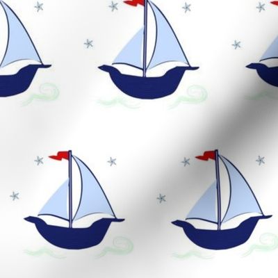 Sailboat blue navy green stars waves hobie cat beetle cat sailboat white