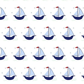 Sailboat blue navy green stars waves hobie cat beetle cat sailboat white