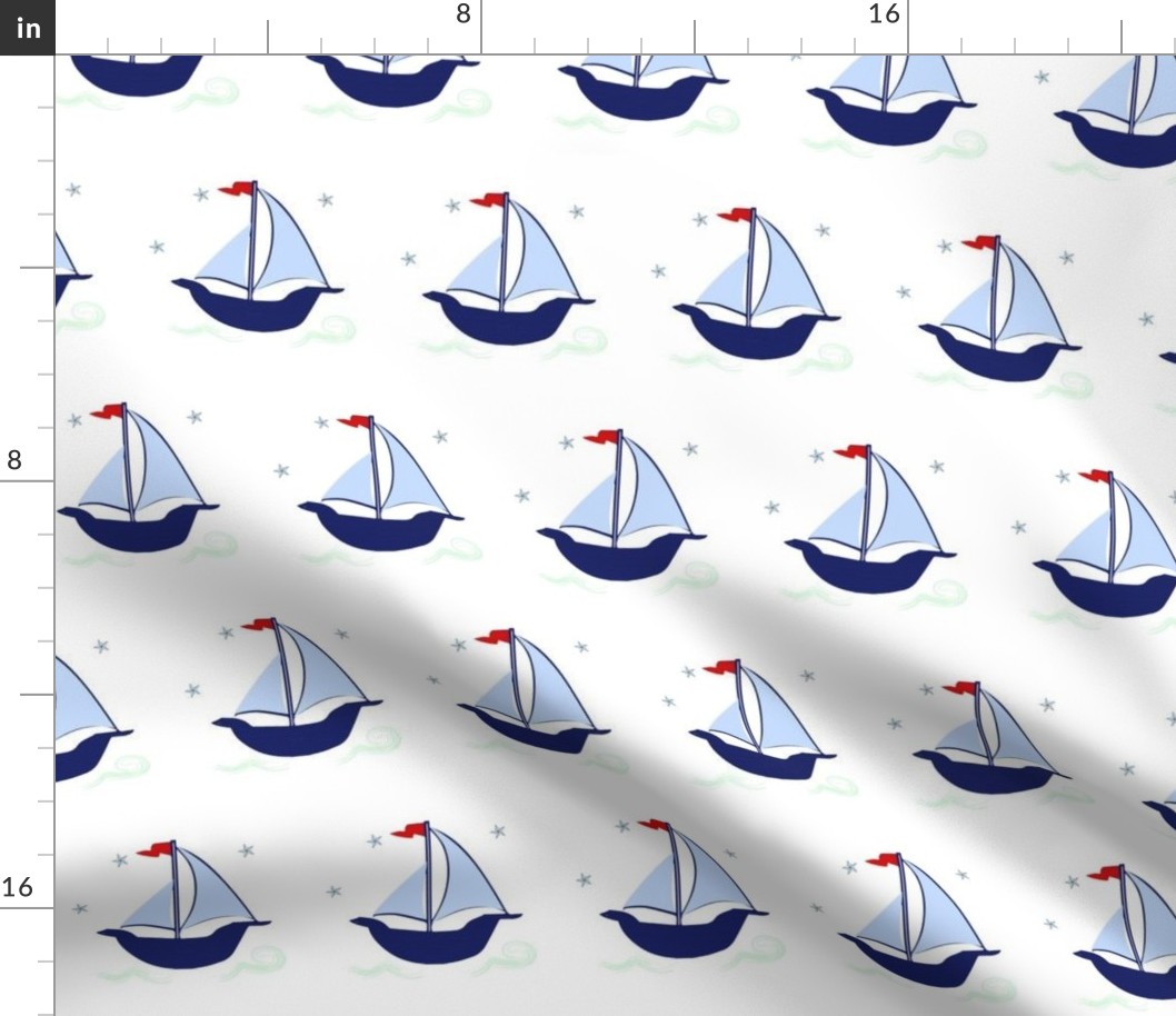 Sailboat blue navy green stars waves hobie cat beetle cat sailboat white