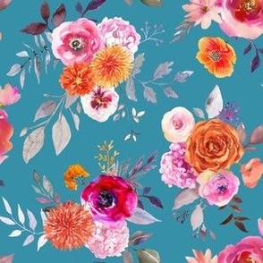 Summer Bliss Hot Pink and Orange Watercolor Floral // Island Teal