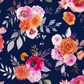 Summer Bliss Hot Pink and Orange Watercolor Floral // Navy