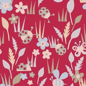 Spring Meadow with ladybugs - mega magenta background