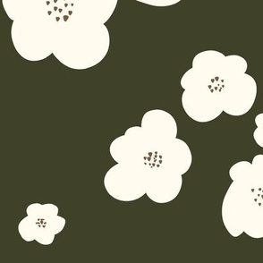 Minimalist Elegant Floral Dipsy Daisy Design with Abstract Off-White Daisies on Dark Green Background Botanical Flower Repeating Seamless Fabric Pattern for Upholstery, Wallpaper and Kids Clothing Fabric Projects