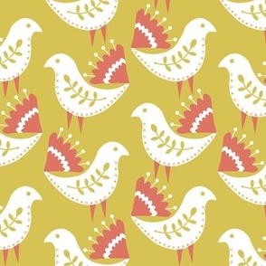 (Large) Scandinavian Birds - sage green, coral, ivory - Folk art birds