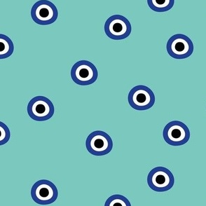 Minimalist retro evil eye - irregular circles and dots arabic abstract symbol on turquoise teal blue 