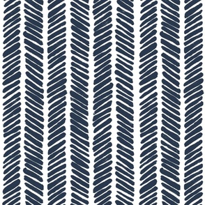 Hand Drawn Doodle Herringbone Stripes, Navy Blue and White (Medium Scale)