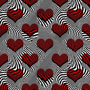 Maximalist Zebra Striped Hearts Motif, Black White and Red (Medium Scale)