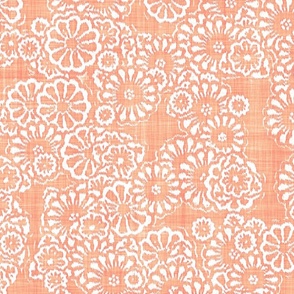 Boho Ikat Flowers Batik Block Print in Peach Fuzz and White (Large Scale)