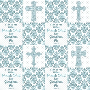 Bigger Scale Patchwork 6" Squares I Can Do All Things Through Christ Who Strengthens Me Philippians 4:13 Christian Bible Verses Scripture Sayings and Hymns for Cheater Quilt or Blanket White and Turquoise Blue