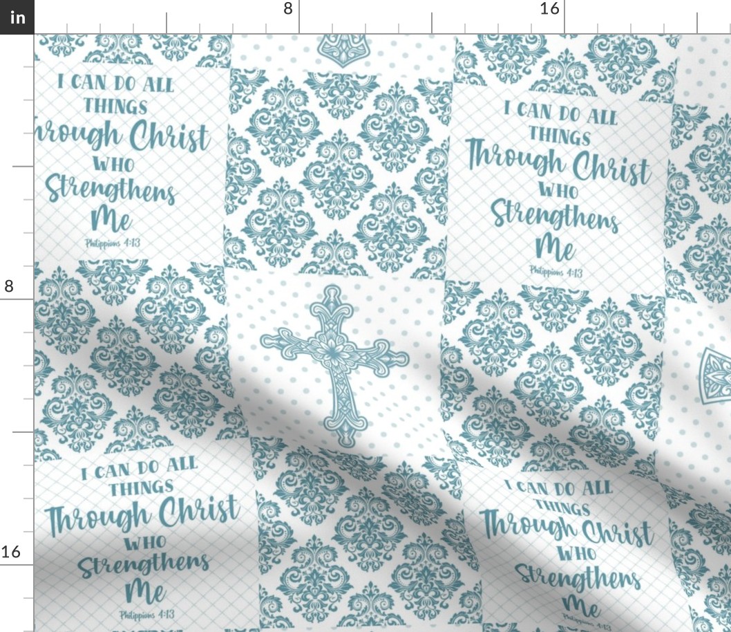 Bigger Scale Patchwork 6" Squares I Can Do All Things Through Christ Who Strengthens Me Philippians 4:13 Christian Bible Verses Scripture Sayings and Hymns for Cheater Quilt or Blanket White and Turquoise Blue