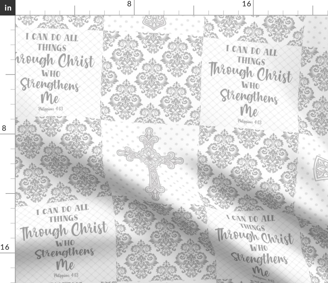 Bigger Scale Patchwork 6" Squares I Can Do All Things Through Christ Who Strengthens Me Philippians 4:13 Christian Bible Verses Scripture Sayings and Hymns for Cheater Quilt or Blanket White and Soft Grey