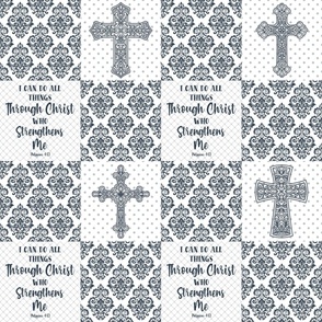 Bigger Scale Patchwork 6" Squares I Can Do All Things Through Christ Who Strengthens Me Philippians 4:13 Christian Bible Verses Scripture Sayings and Hymns for Cheater Quilt or Blanket White and Navy