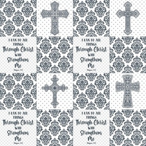 Smaller Scale Patchwork 3" Squares I Can Do All Things Through Christ Who Strengthens Me Philippians 4:13 Christian Bible Verses Scripture Sayings and Hymns for Cheater Quilt or Blanket White and Navy