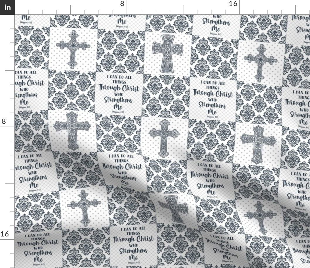 Smaller Scale Patchwork 3" Squares I Can Do All Things Through Christ Who Strengthens Me Philippians 4:13 Christian Bible Verses Scripture Sayings and Hymns for Cheater Quilt or Blanket White and Navy