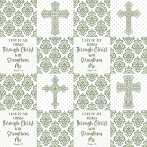 Bigger Scale Patchwork 6" Squares I Can Do All Things Through Christ Who Strengthens Me Philippians 4:13 Christian Bible Verses Scripture Sayings and Hymns for Cheater Quilt or Blanket White and Moss Green