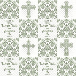 Smaller Scale Patchwork 3" Squares I Can Do All Things Through Christ Who Strengthens Me Philippians 4:13 Christian Bible Verses Scripture Sayings and Hymns for Cheater Quilt or Blanket White and Moss Green