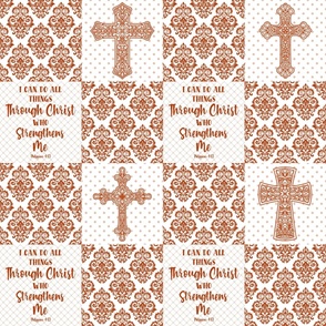 Bigger Scale Patchwork 6" Squares I Can Do All Things Through Christ Who Strengthens Me Philippians 4:13 Christian Bible Verses Scripture Sayings and Hymns for Cheater Quilt or Blanket White and Sunset Orange