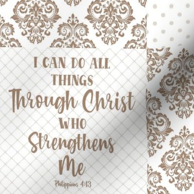 Bigger Scale Patchwork 6" Squares I Can Do All Things Through Christ Who Strengthens Me Philippians 4:13 Christian Bible Verses Scripture Sayings and Hymns for Cheater Quilt or Blanket White and Tan