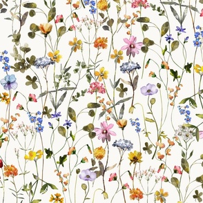 21" a colorful summer wildflower meadow  - nostalgic Wildflowers and Herbs home decor on white double layer,  Baby Girl and nursery fabric perfect for kidsroom wallpaper, kids room, kids decor single layer