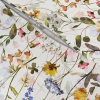 21" a colorful summer wildflower meadow  - nostalgic Wildflowers and Herbs home decor on white double layer,  Baby Girl and nursery fabric perfect for kidsroom wallpaper, kids room, kids decor