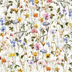 21" a colorful summer wildflower meadow  - nostalgic Wildflowers and Herbs home decor on white double layer,  Baby Girl and nursery fabric perfect for kidsroom wallpaper, kids room, kids decor