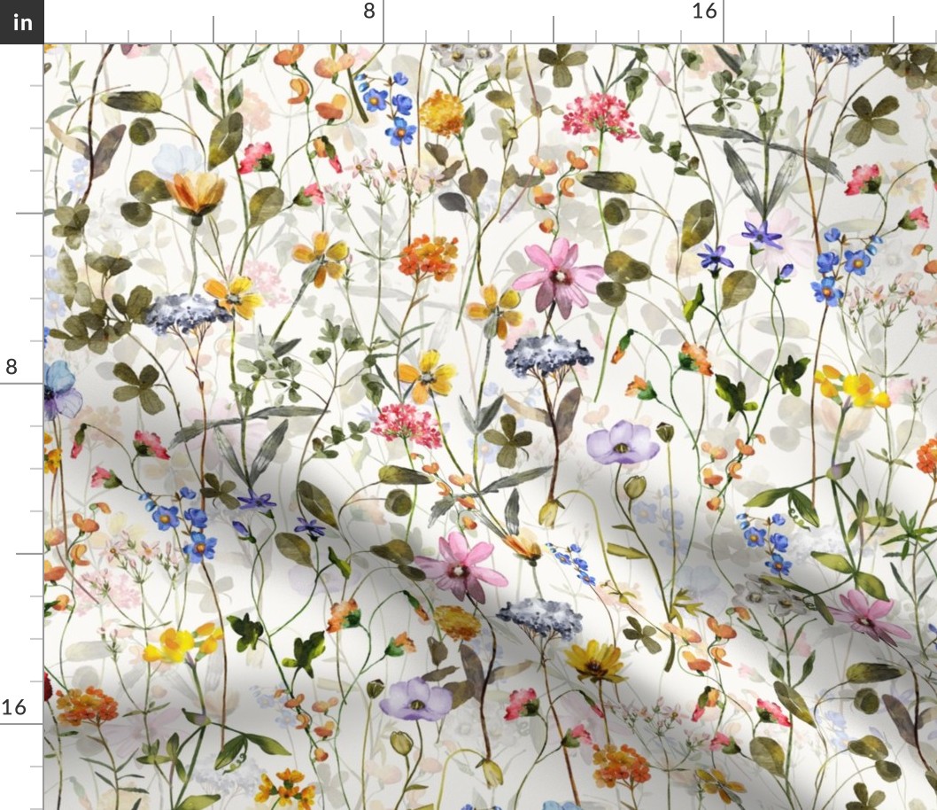 21" a colorful summer wildflower meadow  - nostalgic Wildflowers and Herbs home decor on white double layer,  Baby Girl and nursery fabric perfect for kidsroom wallpaper, kids room, kids decor