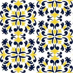 Medium Yellow Navy Tiles Travel Inspired Fabric Portuguese Spanish Italian Ceramic Tiles