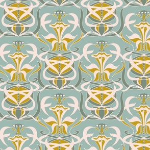 Dance of the Daffodil - Art Nouveau Mustard/Light Teal/Sage - 20 inch