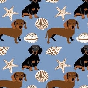 Dachshund Dogs and Ocean Sea Shells Denim blue Small Scale dog fabric small print