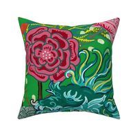 EXTRA LARGE CHIANG MAI DARK LEAF GREEN AND EMERALD DRAGONS and matching colors and pop of fuschia